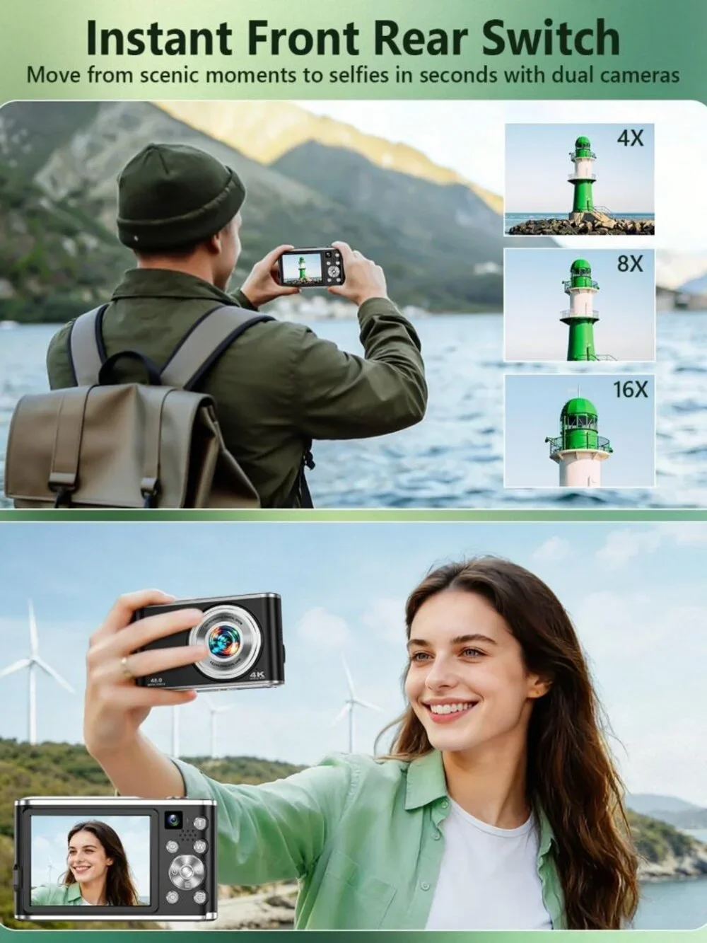 48MP 4K Digital Camera, Dual Lens Autofocus, 16X Zoom for Stunning Photography